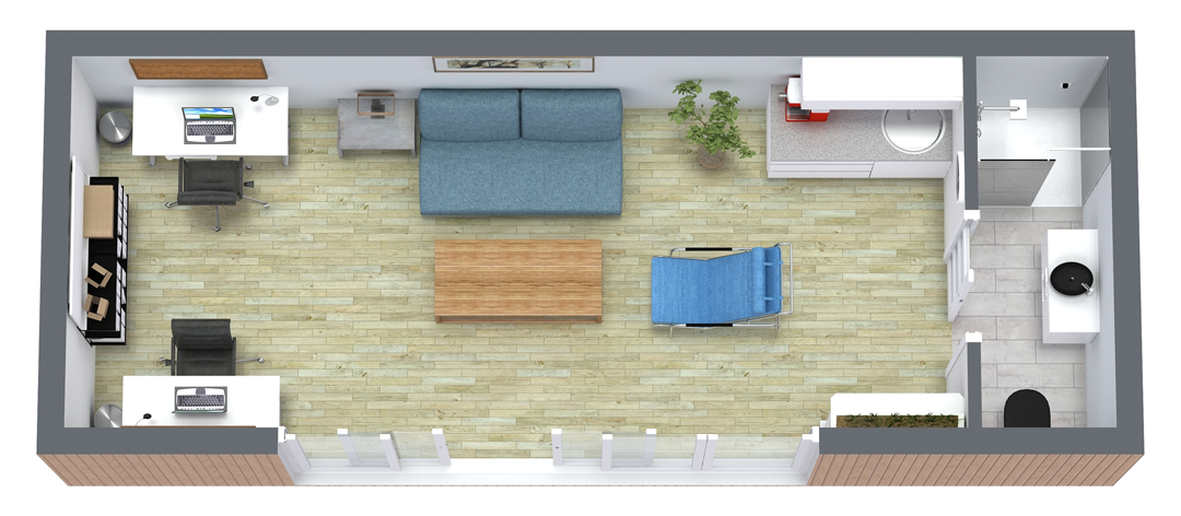 Big Man Tiny Homes – Cork, Ireland – Floor plan illustration of home office with bathroom