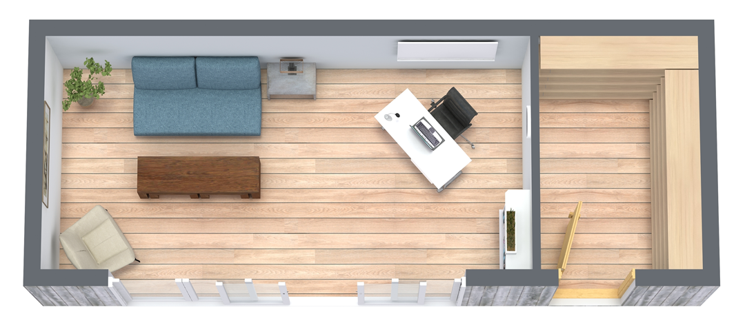 Big Man Tiny Homes – Cork, Ireland – Floor plan illustration of home office with storage