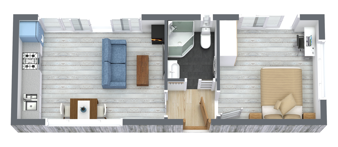 Big Man Tiny Homes – Cork, Ireland – Floor plan illustration of one bed compact tiny home unit